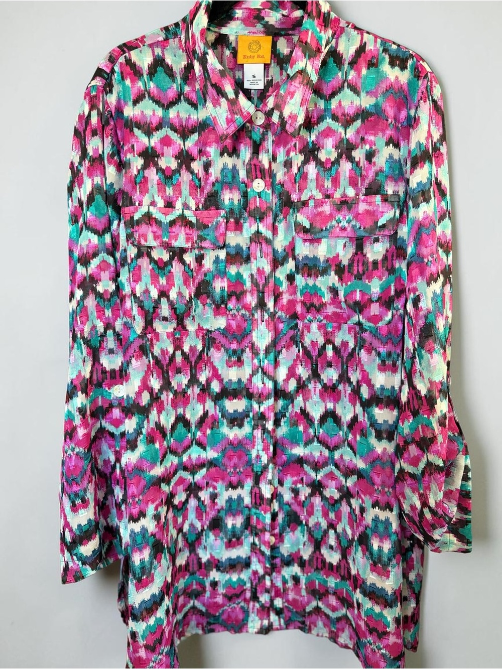 Ruby Rd Womens Sheer Abstract Blouse Plus Size 16 Boho Office Fall Teacher